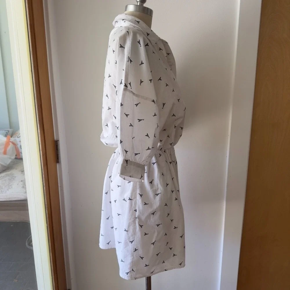 ELLISON Linen Blend Eiffel Tower Print Button Up Shirt Dress-White Knee Length-S
